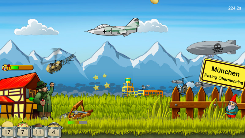knödelkrieg spiel gameplay screenshot Knödel auf Flugzeuge Helicopter Zeppelin schießen